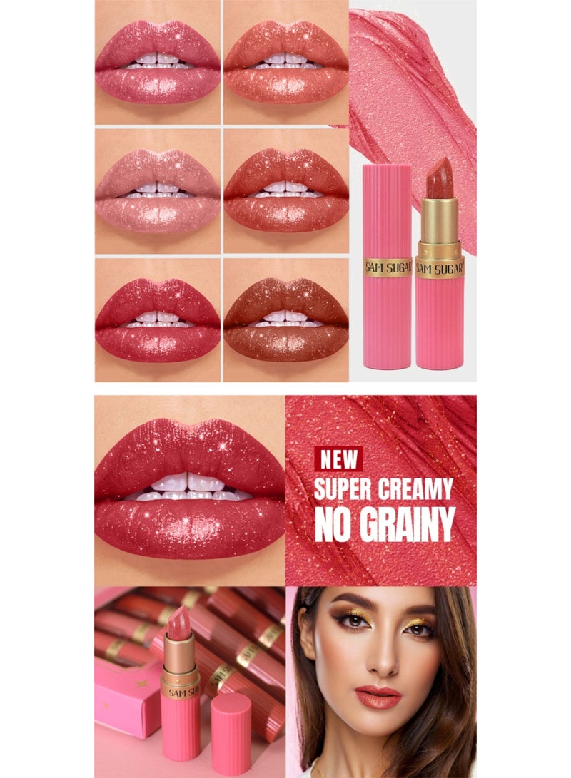 Huitich 6-Piece Diamond Lipstick Set – Pearl & Matte Long-Lasting Shimmer Lipsticks - Image 2